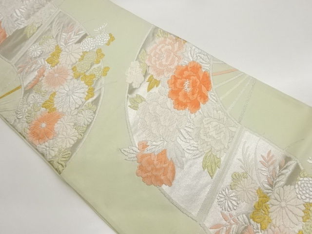 扇に菊・牡丹・草花模様織出し袋帯